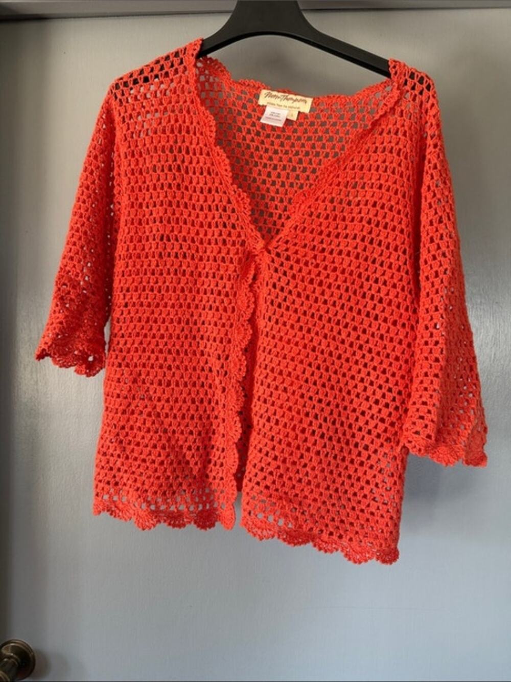 Norm Thompson Orange Linen/Cotton Crocheted Cardigan Sweater sz L Short Sleeve